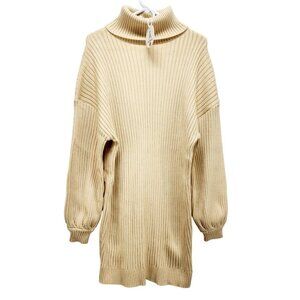Anrabess Womens Ribbed Knit Turtleneck Sweater Dress Size XL Beige